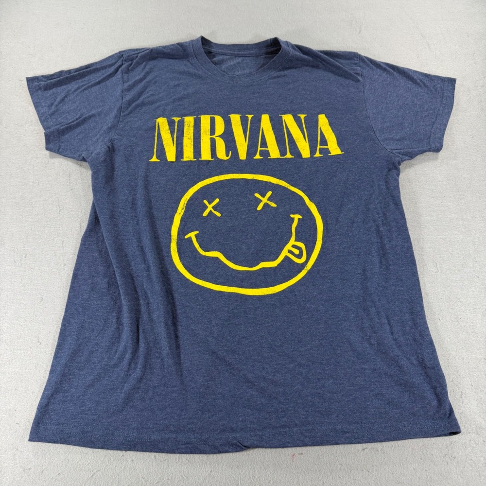 Nirvana Smiley‎ Face T Shirt Mens Large Navy Blue Graphic Grunge Band Tee